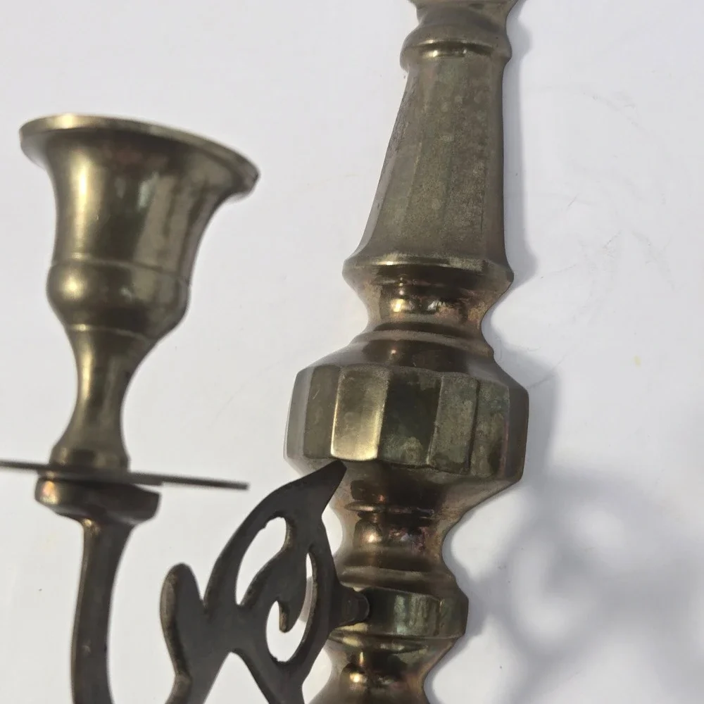 Vintage Solid Brass Wall Sconce Candle Holders Set of 2 Ornate Scroll Arm 10.5